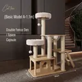 Solid wood cat tree 1.1m tall with dual plush beds and acrylic space capsule - Basic Style