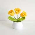 Handmade crochet yellow tulip flower in a white ceramic pot for home decoration - 3-Head Lily of the Valley Yellow