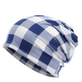 Blue and white checkered knitted slouchy beanie hat for women with soft warm fleece lining - Blue and White Plaid
