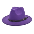 Detail of purple fedora hat featuring black leather band with silver metal buckle and studs - Purple