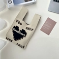 Chic cream knitted tote bag featuring a pixel heart and YOLO text on white background - Double Sided Letters Beige