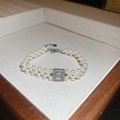 Elegant double-row pearl bracelet with a square blue gemstone and silver hardware - French Elegant Double Row Pearl Blue Main Stone Style