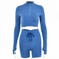 Dames 2-delige blauwe ribgebreide set met crop top met halve rits en short met hoge taille - S / Lange Mouwen & Shorts / Blauw