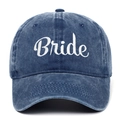 Close-up of white Bride embroidery on vintage washed blue cotton baseball cap texture - BRIDE / Navy Blue