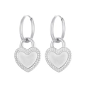 Orecchini a cerchio in acciaio inossidabile argento con ciondoli a cuore strutturati - Stile Argento Tutto Argento (KE108731-Z)