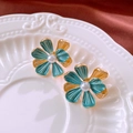 Boucles d'oreilles fleurs en émail bleu avec bord doré et perle sur plateau - Boucles d'Oreilles Clous Pétale de Perle Bleue (16# Tige en Argent-Bleu-Fleur)
