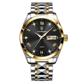 Men's quartz watch with two-tone steel band, black dial, and day-date display window - 985 Two-tone Gold Black Dial