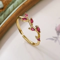 Elegant gold leaf-shaped open ring featuring marquise-cut pink zircons for women - Pink Zirconia Vine Style (13582)