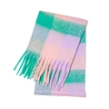 Green and pink checkered mohair scarf with soft fringe tassels on a clean white background - Size 8