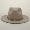 Detail of khaki wool fedora hat with woven rope band and decorative gold metal studs - M (56-58cm) / Apricot