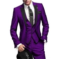 Purple three-piece men suit with black lapel, including blazer, vest and trousers - Purple