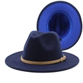 Detail of wool fedora hat with blue contrast lining and thin leather band with gold buckle - Navy + Royal Blue