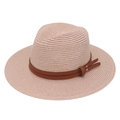 Detail of light pink woven straw hat featuring brown leather band and gold stud accents - Light Pink