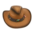 Chapeau de cowboy en paille marron avec perles turquoise et pompons bohèmes - Kaki 3 (Style Ethnique)