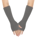 Gray ribbed knit fingerless arm warmers with thumb holes and textured vertical patterns - One Size / Iron Grey