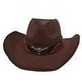 Chapeau de cowboy en paille marron foncé avec tête de taureau argentée et lanière cuir - Décor Tête de Taureau en Métal (Avec Corde à Vent) / Café