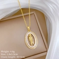 Macro shot of oval shell portrait pendant necklace with crystal accents on a jewelry box - Saint Portrait Mother of Pearl Style (E521)