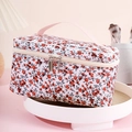 Floral makeup bag with red flowers and pink handle in a portable large capacity design - Red Floral