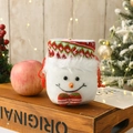 Plush snowman Christmas gift bag with red drawstring and decorative pom-pom scarf - Small Snowman Apple Bag