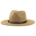 Dettaglio cappello da cowboy in paglia con fascia in pelle stile etnico e rivetti metallici - 58cm / Cachi
