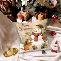 Merry Christmas cushion cover with snowman and cat print on a cozy white textured blanket - Squirrel Christmas Snowman