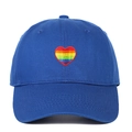 Detail of rainbow heart embroidery on navy cotton twill baseball cap with fine stitching - Blue