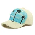 Beige straw baseball cap with blue seaside landscape print and curved brim for summer - Hand-painted Palm Tree Style (Beige)