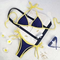 Navy blue and yellow contrast bikini set with tie-side bottom on beach sand - Navy Blue/Yellow