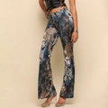 Detail view of snakeskin print high-waist flared pants with elastic fit and soft texture - S / Blue White Snake