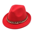 Classic red wool fedora hat with elegant gold chain and brown ribbon decoration - M (56-58cm) / Red