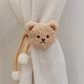 Light brown plush bear curtain tieback with woven rope and decorative pearl beads - Rice Gold Rope Milk Tea Bear
