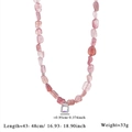 Detail showing natural pink crystal beaded necklace with square pendant and size specs - Style 1 (Pink Natural Stone Necklace)