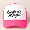 Pink and white Y2K trucker hat with Cowboys & Tequila print and mesh back design - One Size / Rose Red