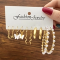 Vintage gold geometric earring set featuring celestial charms and faux pearls for women - E072/Vintage Gold / Gold/Multicolor