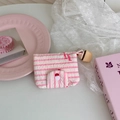 Pink striped textured card pouch with white flap and cute cupcake charm accessory - Westie Dog Small Card Holder + Cupcake Charm