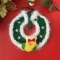 Detailed knit pet Christmas collar with red bow, snowflake, and sock motifs on red background - Green Scarf with Christmas Sock