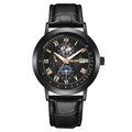 Reloj multifunción para hombre con correa de cuero negro y esfera de fases lunares dorada - Esfera Negra Agujas Oro Rosa Caja Negra Correa Negra
