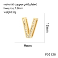 Detailed view of gold plated letter V pendant with white zircon and size measurements - Letter V