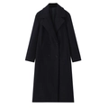 Detailed view of the black wool coat featuring double-breasted buttons and classic lapels - Navy Blue