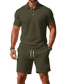 Men's dark green casual polo shirt and drawstring shorts two-piece summer set - S / Army Green