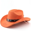 Detail view of orange suede cowboy hat with black faux leather band and lion head buckle - M (56-58cm) / Orange