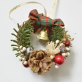 Christmas wreath with pine needles, pinecones, gold bells and red checkered bow - Medium Plaid Ribbon Wreath 11cm