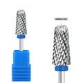 Macro detail of silver carbide nail drill bit OMWGY22 with cross-cut teeth and blue base - Blue Ring Small Cylindrical Bit (OMWGY22)
