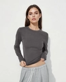 Slim fit dark grey modal long sleeve T-shirt for women with hourglass waist and soft stretch - XS / Crew Neck / Iron Grey