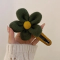Dark green felt flower hair clip with yellow center and brown yarn wrapped grip - Green