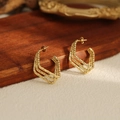 Golden multi-layer woven square hoop earrings with textured finish on wood display - Multilayer Woven Square Earrings(ZHE1429金)