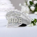 Cappello da capitano sposa argento scintillante con paillettes, strass e scritta BRIDE in perle - Regolabile / Pizzo Argentato Grandi Strass Sposa