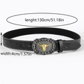 Detail view of western belt buckle with golden bull head and embossed leather band - 130cm / Black