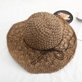Handwoven straw sun hat in khaki with hollowed brim and delicate bow accent - One Size / Hollow Flower with Cord - Khaki