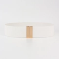 Detail of white elastic waist belt with a polished gold rectangular metal buckle - Platinum
